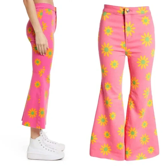 Free People Youthquake Sunflower Printed Crop Flare Pant Lipstick Pink 28 NWT - Picture 10 of 11